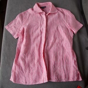 Lands End Womens 100% Linen Pink Stripes‎ Button Front Short Sleeve Shirt MED